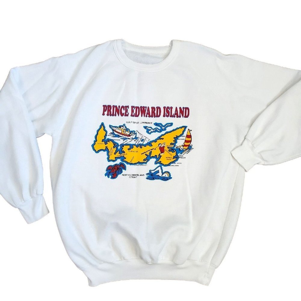 Vintage 80s Prince Edward Islandโ Map Graphic Sweatshirt Thin White Small